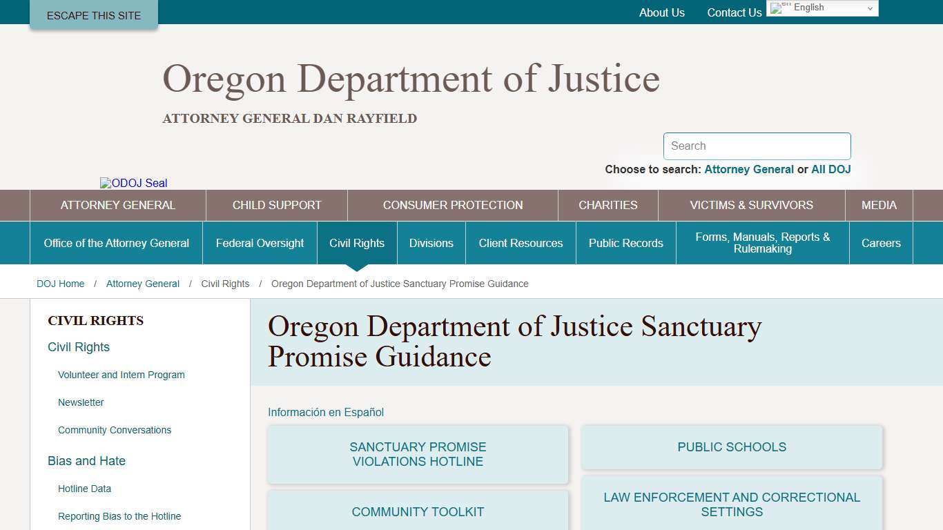 Oregon Department of Justice Sanctuary Promise Guidance - Oregon Department of Justice